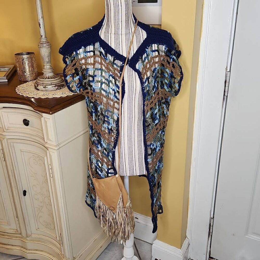 Handmade crochet knit blue open sweater women's size S/M with tan crossbody